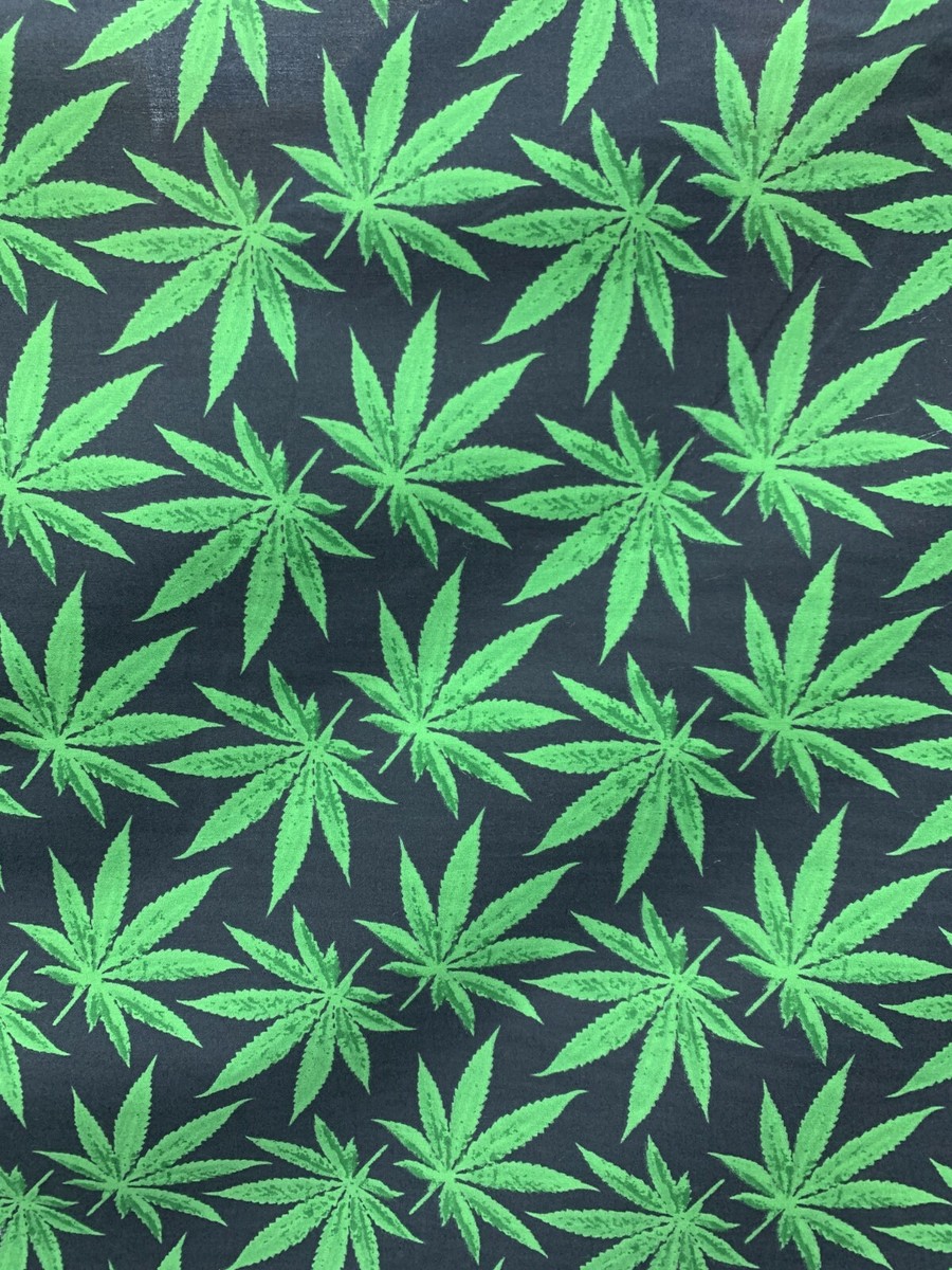 GREEN BLACK Marijuana Cannabis Leaf Printed Poly Cotton Fabric (58