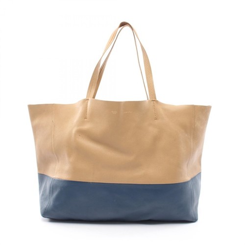 CELINE Horizontal Caba Bicolor Leather Tote Bag Beige Navy Women Used Authentic