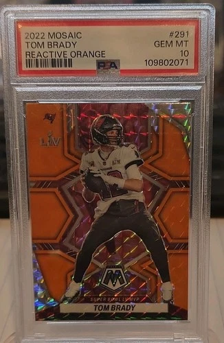 2022 Panini Mosaic Super Bowl MVPs Tom Brady Reactive Orange #291 PSA 10