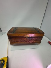 Vintage Hand Carved Wooden Jewelry Box With Metal Straps And Latch