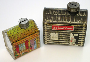 TOWLE'S Log Cabin Maple Syrup TWO Promotional Lithograph Tin Coin Banks VINTAGE