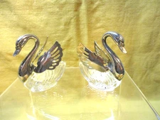 Pair of Italian Glass & Silver Plate Swan Salt Dips or Nut Bowls