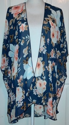 Womens 1XL Rose Pattern Chiffon Open-Front Kimono Sleeve Cover-up Emory Park
