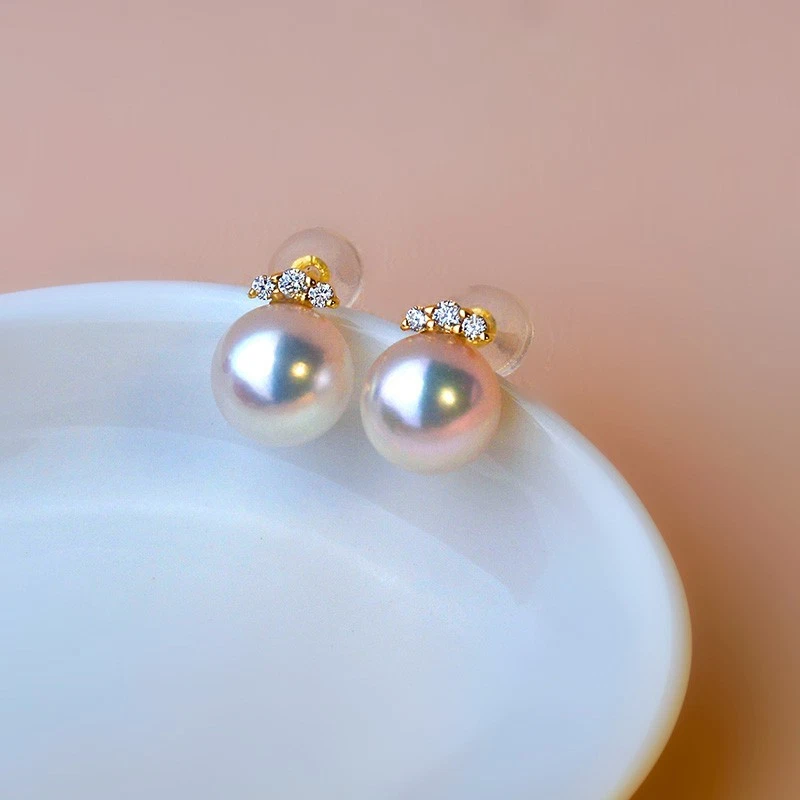 18K Real Gold Zircon Bling 7.5-8mm Round Akoya Pearl Fine Women Earring Studs - Image 2 of 4