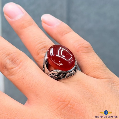 Handmade Rare Red Yemeni Agate Aqeeq 925 Sterling Silver Artisan Elegant Ring - Picture 4 of 4