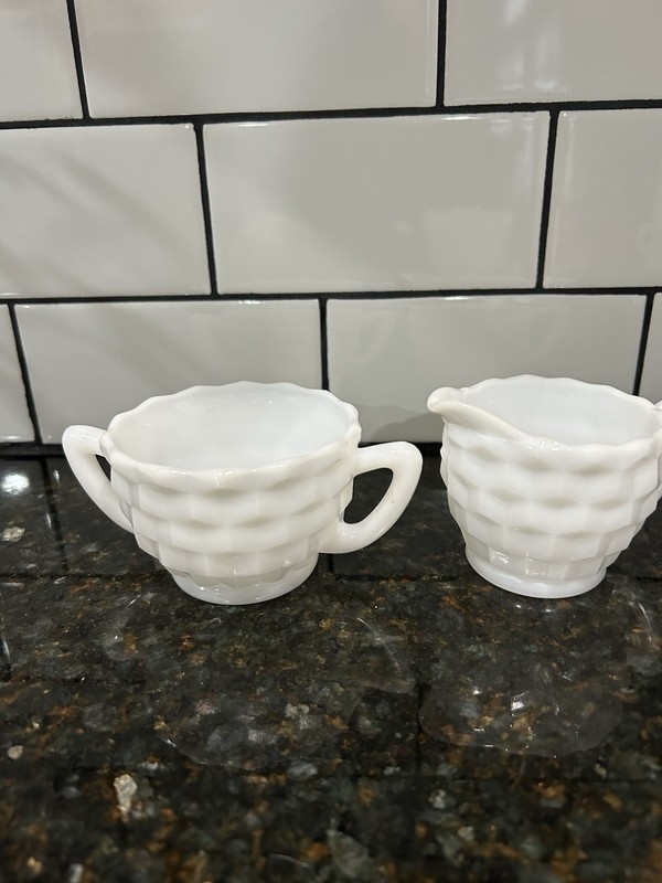 Hazel Atlas Vintage White Cubed Cubist Pattern Milk Glass Sugar Creamer Set
