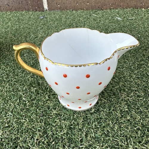 SHELLEY Red Coral Polka Dot Teapot Sugar Creamer Set Fine Bone China England HTF - Picture 10 of 15