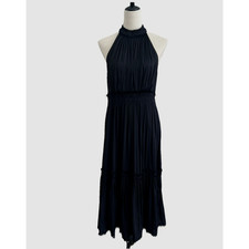 Anthropologie Tiered Halter Dress Womens 12 Black Midi Lined Neck Tie LBD