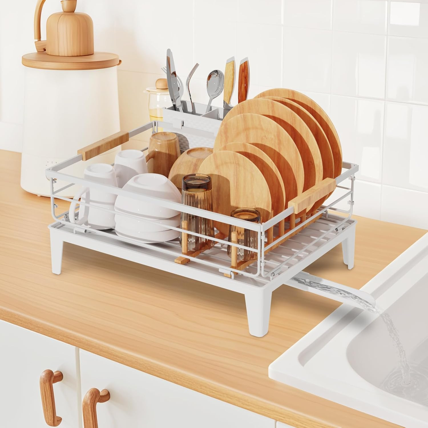 JYPS Dish Drying Rack for Kitchen Counter Decor with Drainboard White 