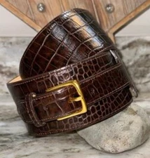 The W by WORTH Collection Brown Embossed Crocodile Genuine Leather Wide Belt XS