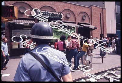 New York City Street Scene Nathans Hot Dog Strike 1972 35mm Slide 1970s Signs
