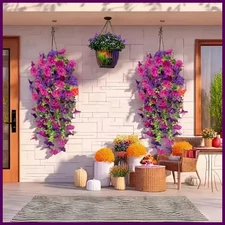 2pcs Artificial Flowers Fake Morning Glory Flowers Eucalyptus Leaves Hanging