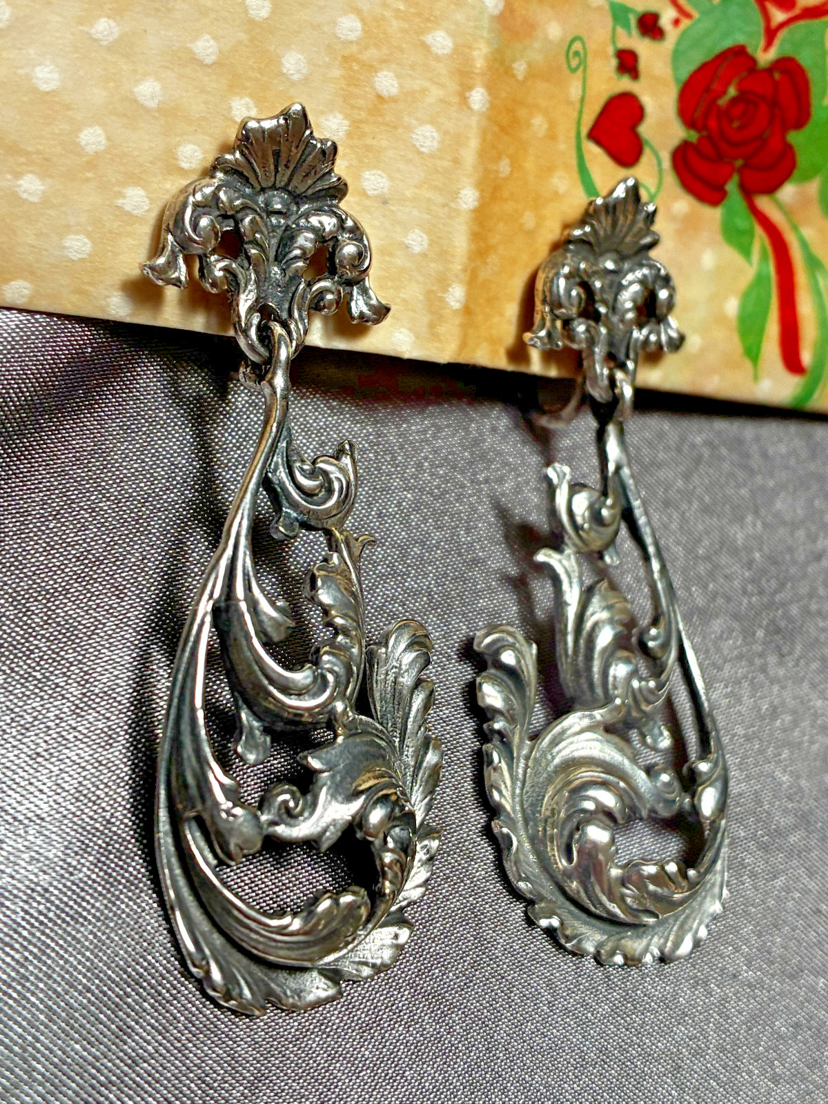 Elegant Vintage Art Nouveau Ornate Feather Scroll Sterling Clip On Earrings