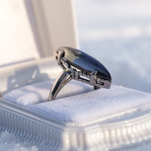 Antique / Vintage Hematite Cabochon Navette / Marquise 10K White Gold Ring - Picture 16 of 18