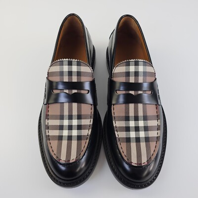 BURBERRY Shane Black/Beige Checkered Leather Penny Loafers Size 42