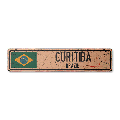 CURITIBA BRAZIL Vintage Street Sign Brazilian flag city country road wall rustic