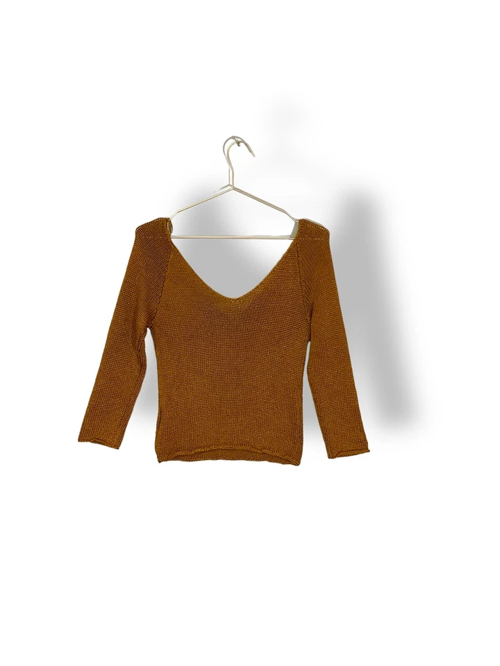 Free People Gold Shimmer Knit V Neck Pullover S - Image 2 of 4