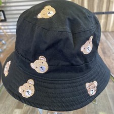 TEDDY BEAR Embroidered Black Sun BUCKET HAT 100 Cotton OSFM