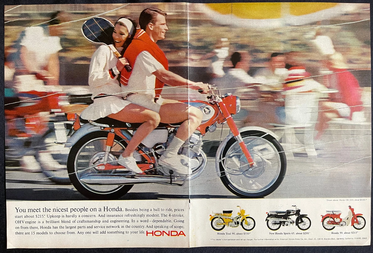 1964 Honda Motorcycle Couple Riding Tennis Clothes Double Page Vintage Print Ad