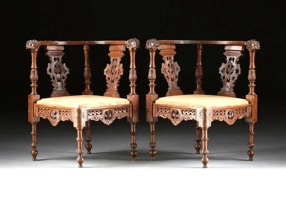 Sillones antiguos, esquina, par, renacimiento inglés nogal, ¡1860-1900!! Foto 2 de 4