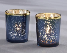 24+ Navy Blue, Gold Mercury Glass Tea Light Candle Holder Bridal Wedding Favor  