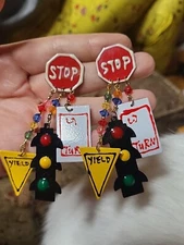 Vtg 80s Artisan LUNCH AT THE RITZ TRAFFIC STOP SIGN Earrings Jewelry 