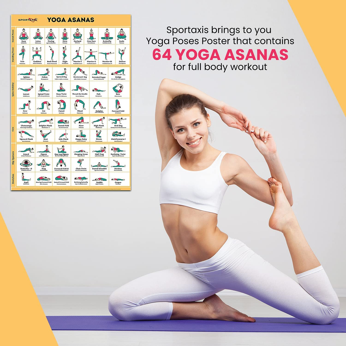 SPORTAXIS Yoga Poses Poster- 64 Yoga Asanas for Full Body Workout