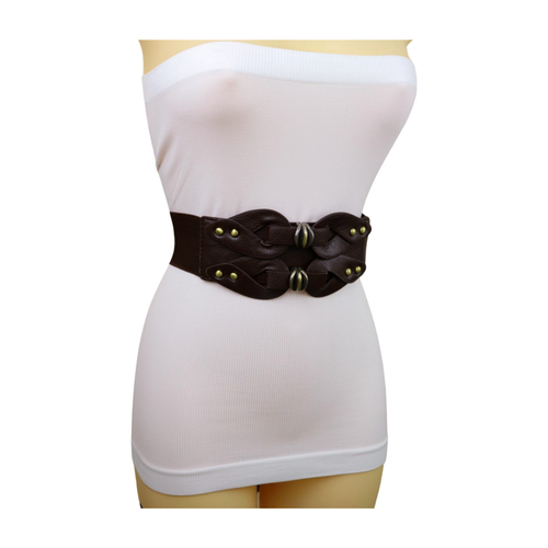 Women Brown Wide Elastic Fashion Belt Hip Waist Antique Gold Metal Studs Fit S M - Picture 13 of 16