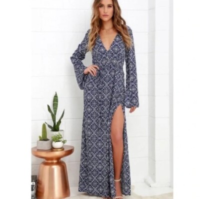 mandala maxi dress Blue Maxi Dress - Print Maxi Dress - Long Sleeve Maxi Dress