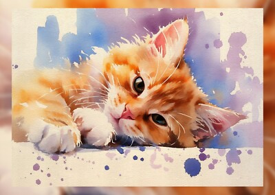Entzückendes entspanntes Kätzchen Aquarell 5''x7'' Druck auf mattem Papier | Niedliche Katze Kunst