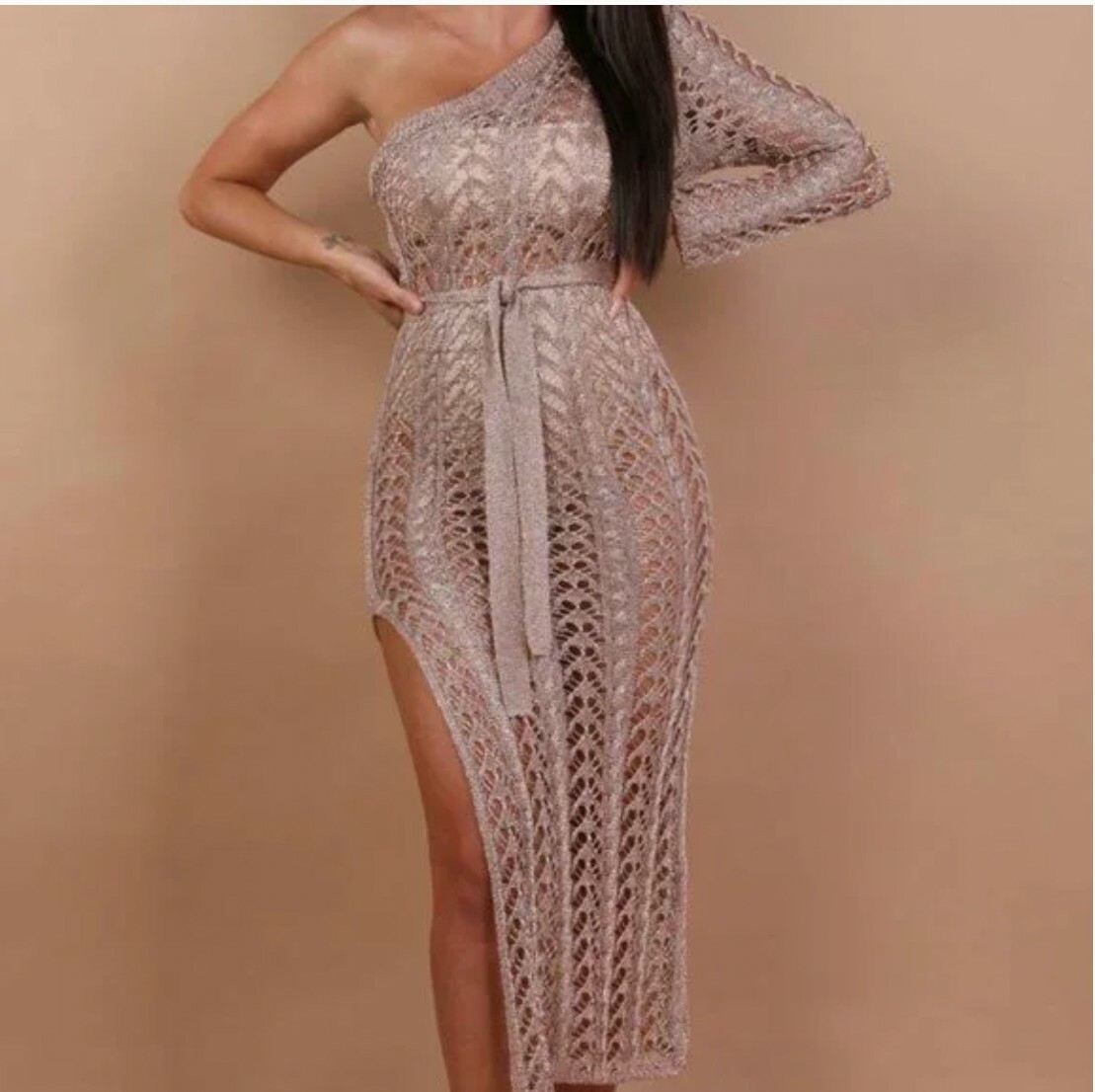 Rose Gold Metallic Knit Crochet Asymmetrical Midi Dress | eBay