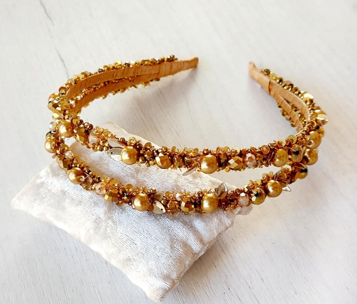 Handmade headband in gold. Twine and Love | Yellow Stripe Embellished Knot Headband  main image 3