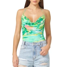 New AFRM Nordstrom Alayna Cowl Neck Halter Bodysuit Green Marble M Open Back 