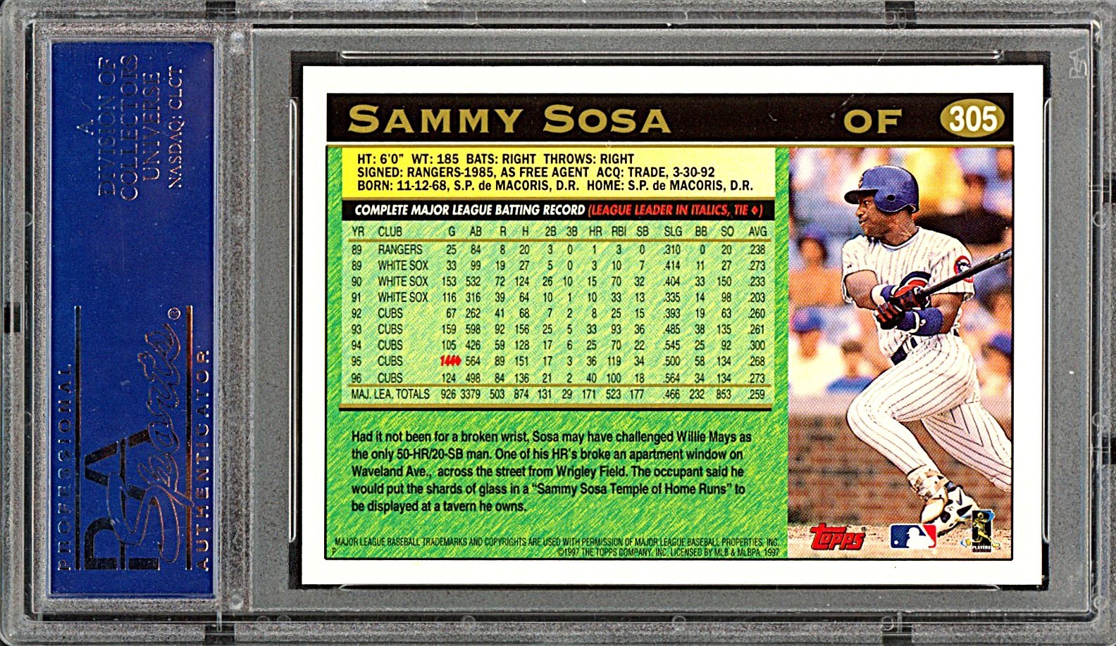 1997 Topps - Sammy Sosa #305 PSA 9 view 2