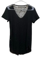 Womens Black V Neck Short Sleeve Tunic Dress Sheer Polka Dot Panel Lace Trim