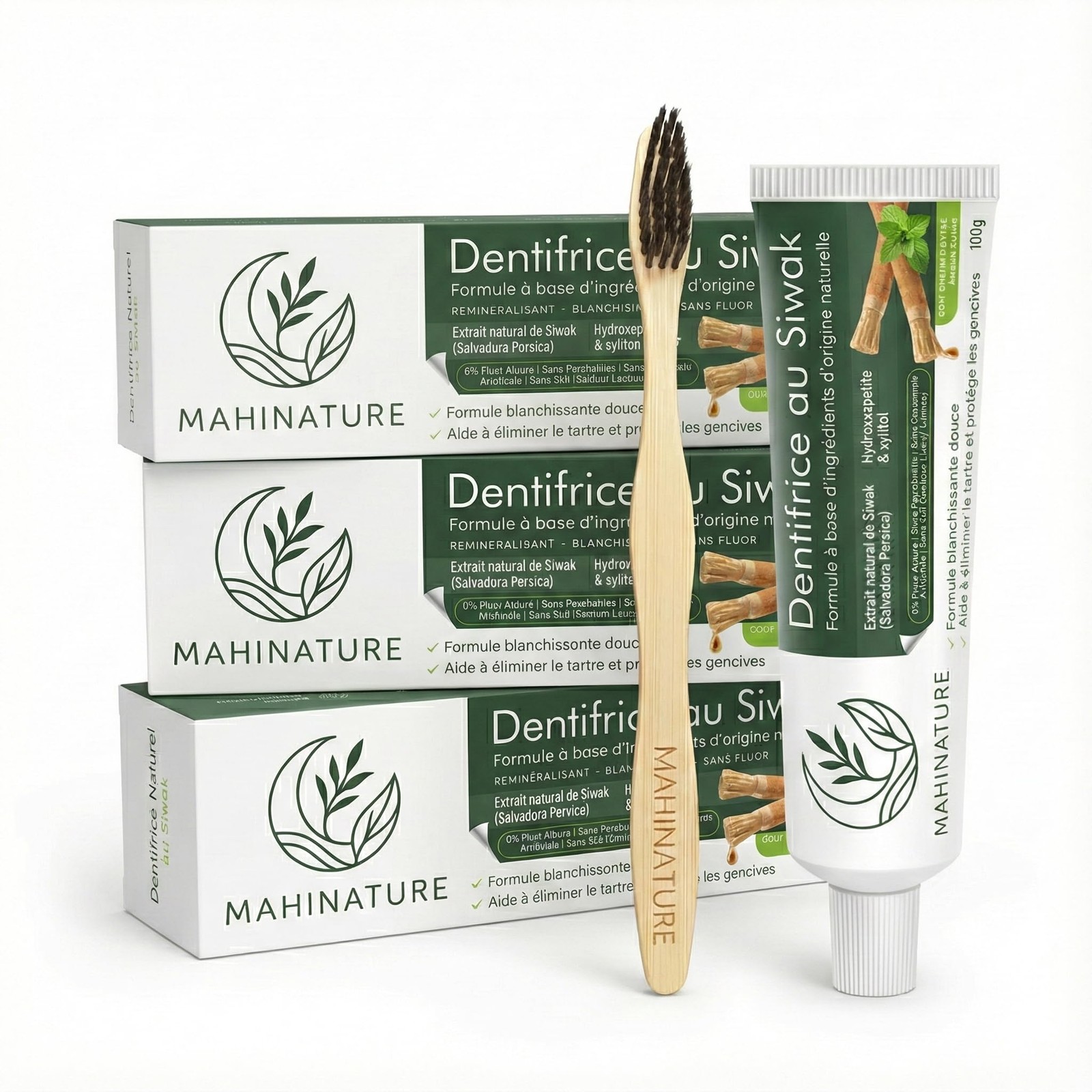 Dentifrice Siwak Naturel Sans Fluor Hydroxyapatite Xylitol Brosse à Dents Bambou Lot 3