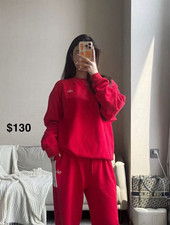 Women  s Red Solid 2-Piece Sweatsuit Set S Crewneck Sweatshirt  Pants