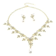 Gold Tone Alloy Metal Rhinestone Necklace Earring Set S20702-GCR