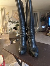 Prada Black Leather Knee High Stiletto Boots Zip Pointed Toe Women  s 37.5