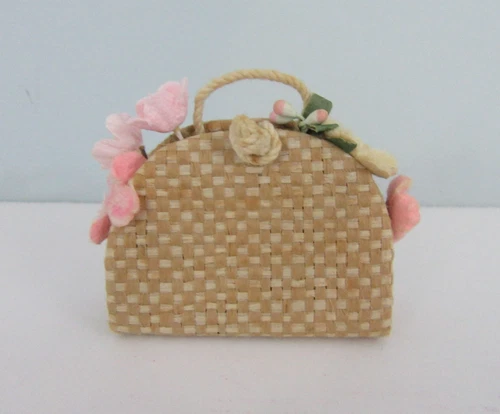 Vintage Barbie Doll Accessory FLOWER FILLED TOTE BAG #923 PAK - Straw Handbag