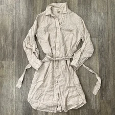 Magaschoni Linen Midi Dress Womens Medium Tan Long Sleeve Button Down Tie Waist