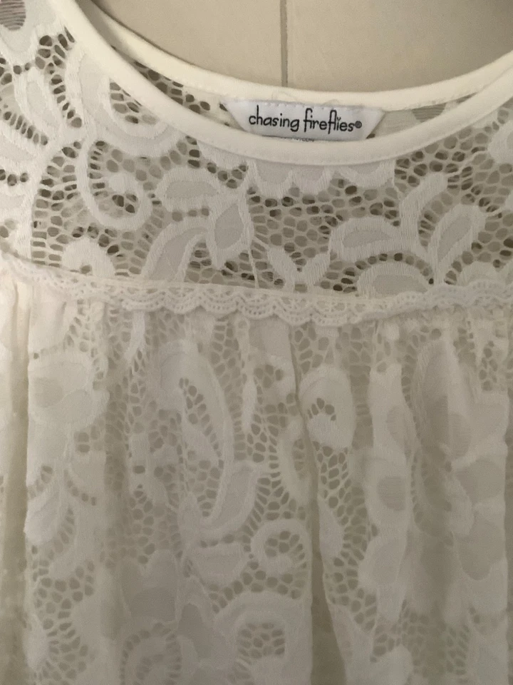 Vestido de ganchillo de encaje caprichoso blanco persiguiendo luciérnagas niñas mediano 7/8 hadas Foto 3 de 4