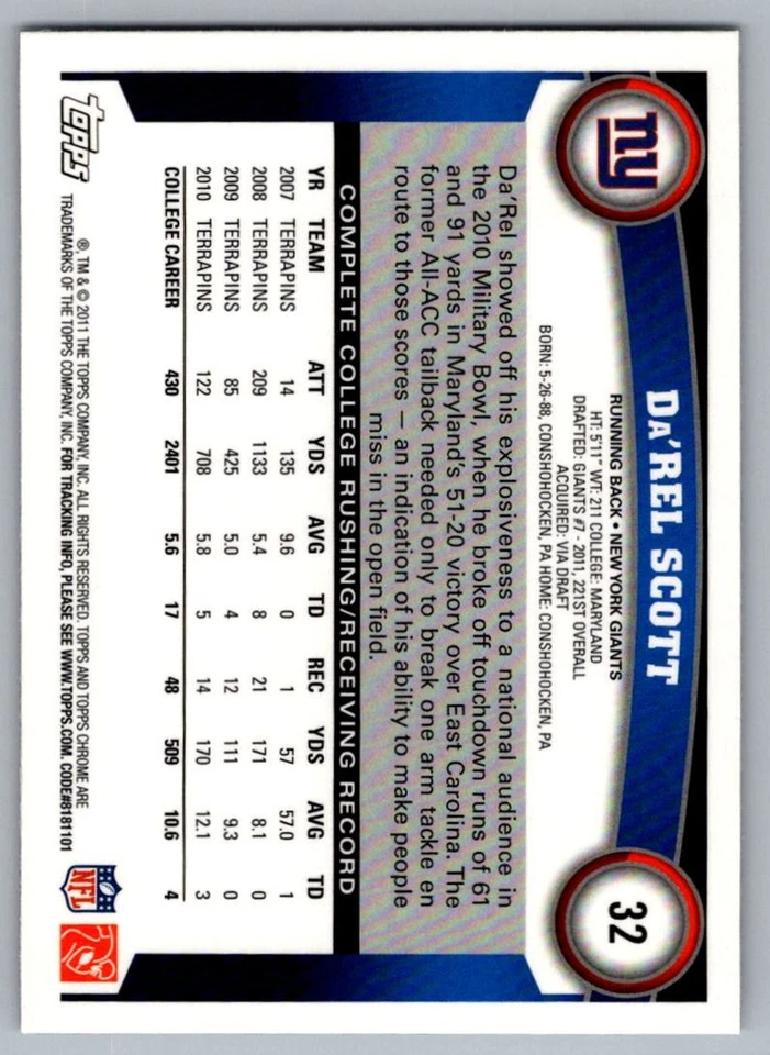 2011 Topps Chrome Da'Rel Scott Rookie New York Giants #32 - Image 2 of 2
