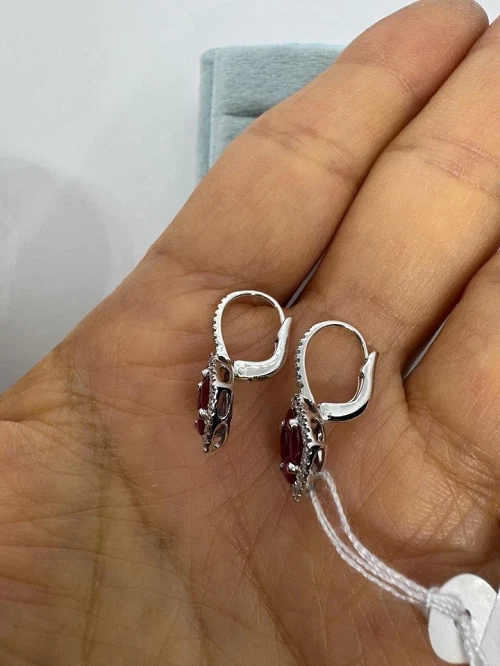 14k White Gold Plated Drop Leverback Women Earring 1.5Ct Lab Created Ruby Oval - Image 4 of 4