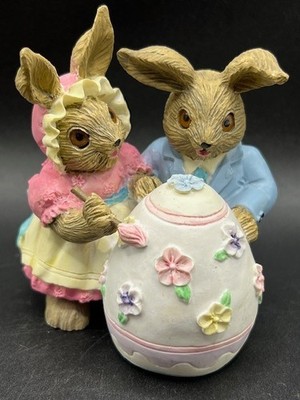 Mervyn's 1992 Happy Easter Couple Painting Egg Village Pink Blue Pastel Figurine