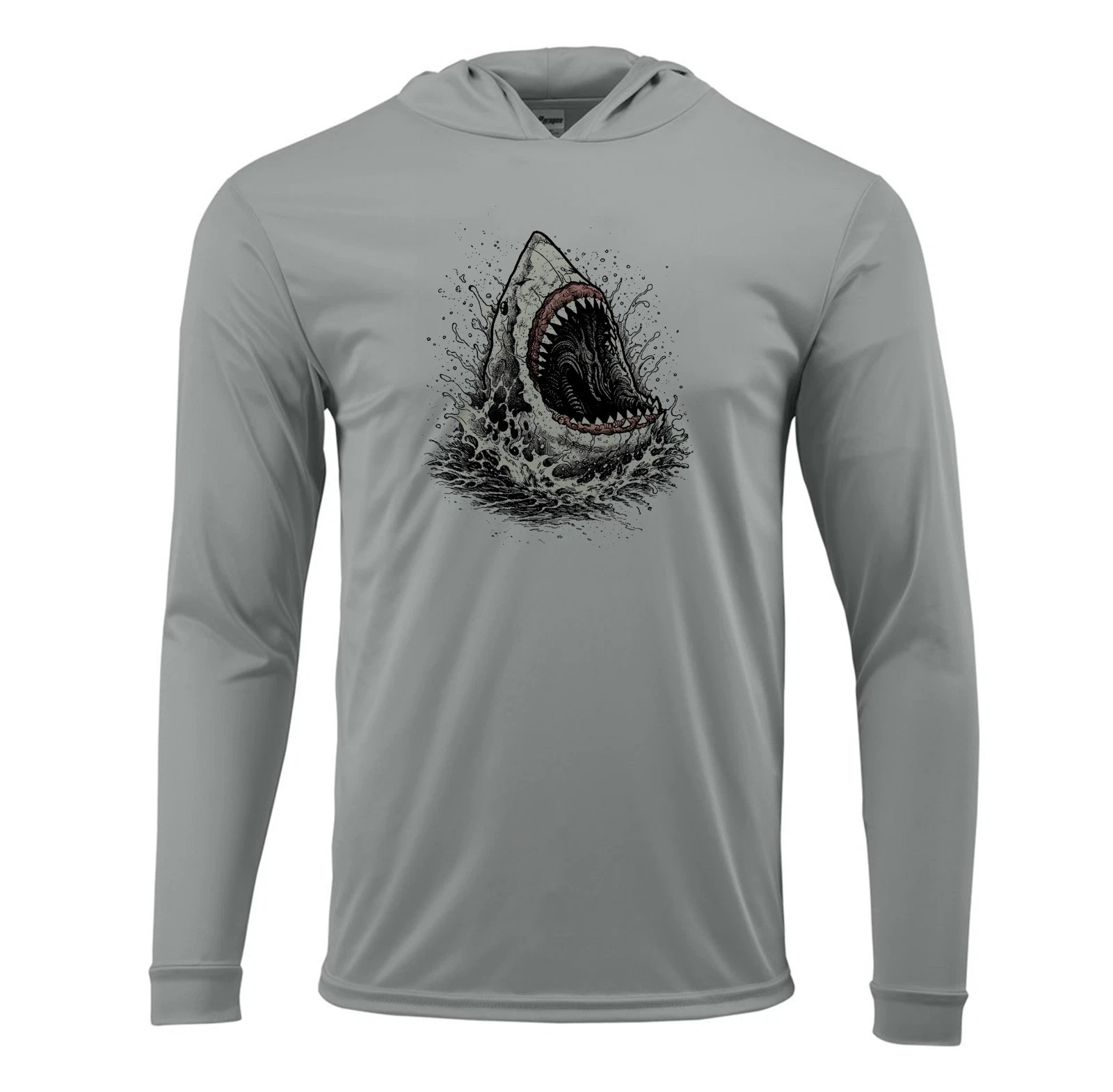 Great Shark Jaw Fish Sport UV Protected UPF 50 Long Sleeve T-Shirt Hood Dry Fit