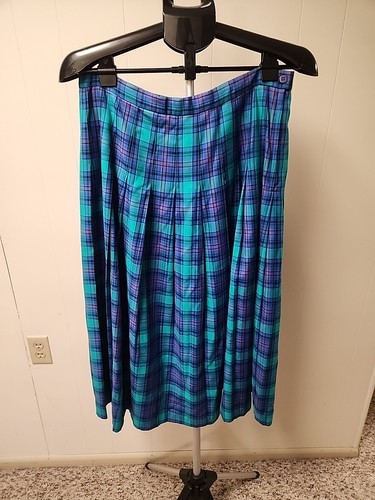 Pendleton Vintage Pleated Flare Turquoise Plaid Midi Skirt Size 16 Zip Button - Picture 2 of 8