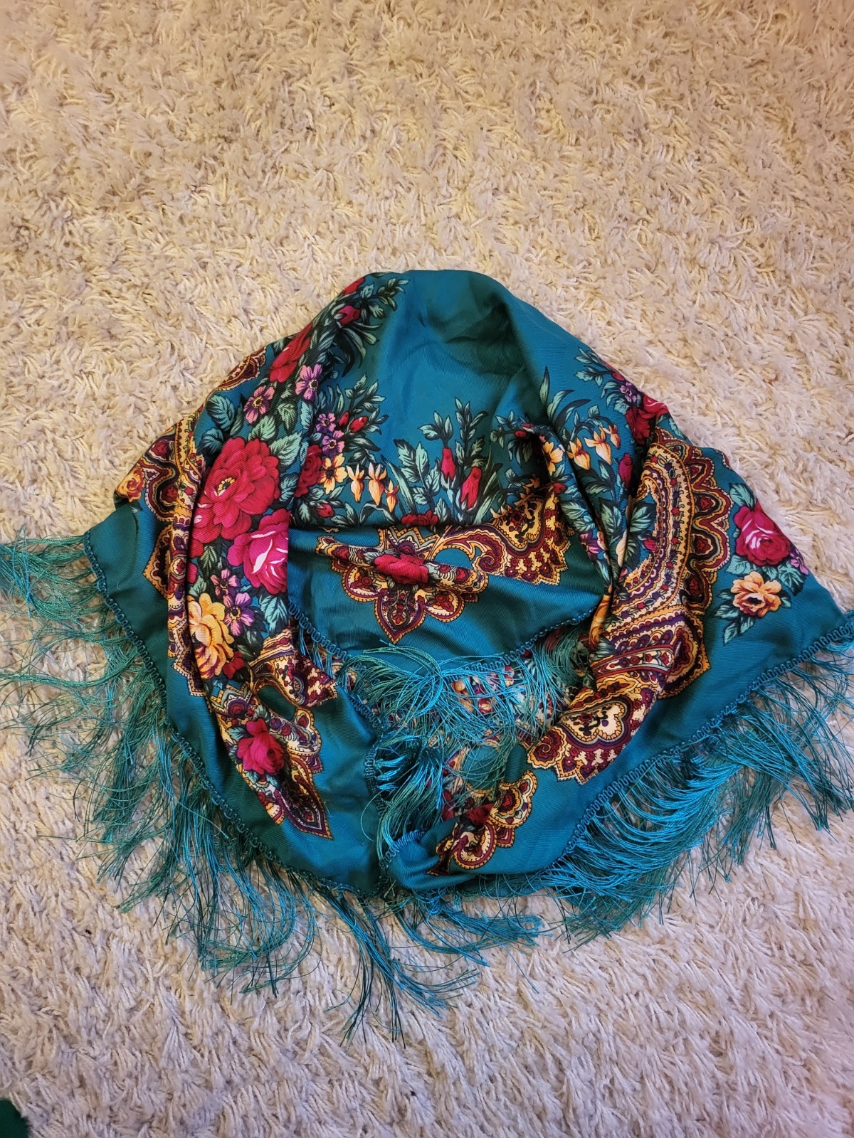 Mantón Floral Folclórico Ruso con Flecos, Bufanda Cuadrada Rosa Verde Azulado, Baile Gitano Boho