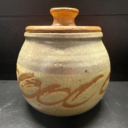 Large Holden Pottery Stoneware Lidded Pot Jar Signed Green Grey Brown 6.5”x6.5”