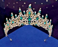 Green emerald Crystal Crown Tiara gift birthday diadem bridal gold wedding metal